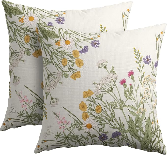 Kawani Wild Flower Throw Pillow Covers 20x20 in, Set of 2 Colorful Spring Herbs Floral Leaves Outdoor Decorative Pillow Cases Cotton Linen Cushion Cover for Couch Bed Sofa Home Decor Gift