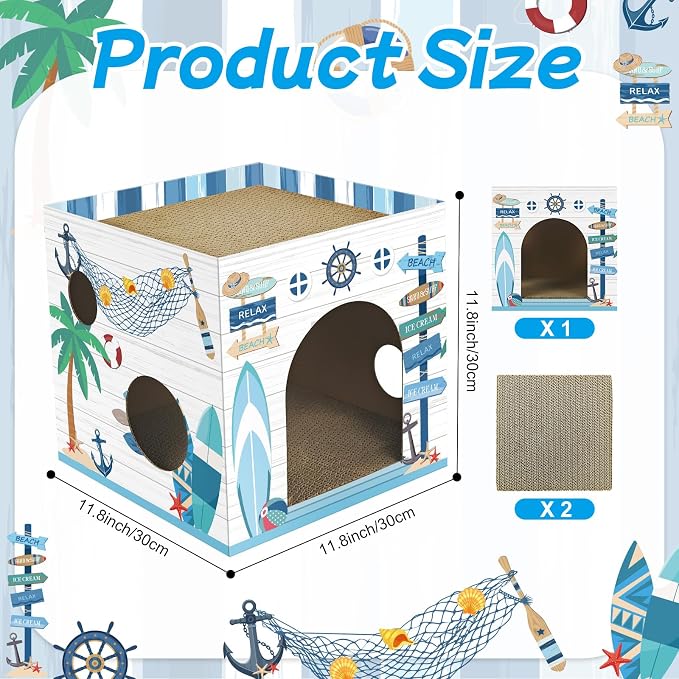 Cinrobiye Cardboard Cat House with 2 Pcs Scratching Pad，Pet Hideaway Cave Board Bed Playhouse Condo Box Decor Small Animals Scratcher Bed for Indoor Cats Kittens Rabbits Bunny