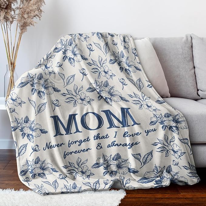 Gifts for Mom, Mom Birthday Gifts from Daughter Son, To My Mom Blanket | I Love You Mom Gifts for Birthday, Christmas, Mothers Day, Blanket for Mom with Hibiscus Flowers Print, 60" x 50", Blue