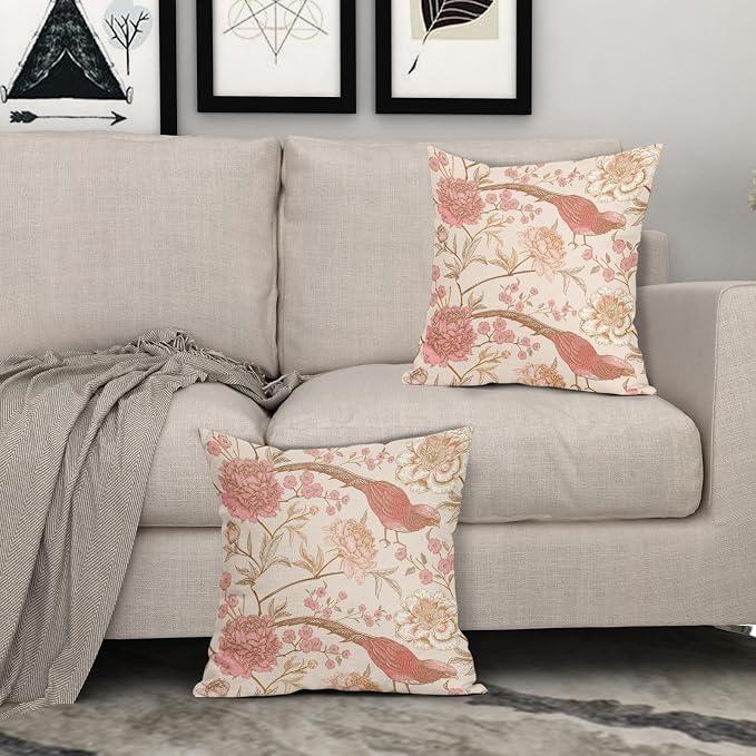Flowers Birds Pillow Covers 16X16 Inch Set of 2 Pink White Roses Floral Leaf Decorative Pillow Cases Art Retro Gold Cotton Linen Cushion Case Vintage Home Decor for Sofa Couch Porch Outdoor