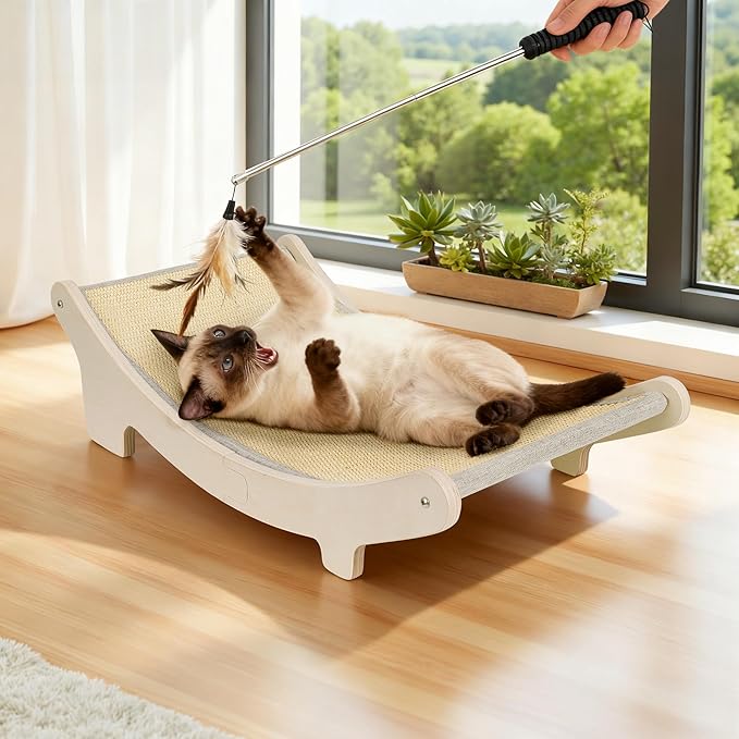 Sisal Cat Scratcher Bed for Indoor Cats, Upgraded Support Rods | Wooden Hammock Lounger, Elevated Scratch Pad for Large Cats up to 10 lbs, Natural Furniture Protector