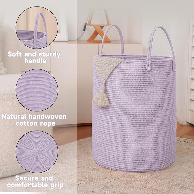 JMvicyroam 80L Cotton Rope Laundry Basket Hamper, Purple | Collapsible laundry basket, reinforced handles, freestanding, machine washable, holds 3-5 thick blankets, clothes or toys