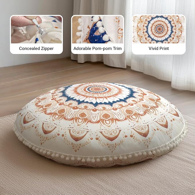 Meditation Cushion Set of 2, Round Floor Pillow Seating for Adults, Bohemian Mandala Yoga Cushion, 32" Extra Thick Memory Foam Removable Washable Cover, Ideal Gift Holiday Decor, Brown