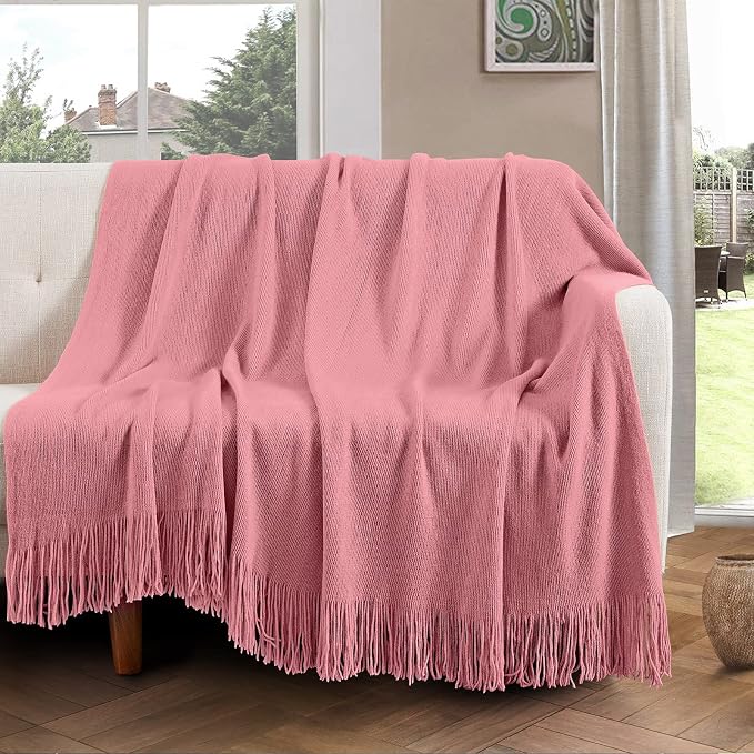 Vonty Dusty Pink Knitted Throw Blanket with Tassels Fringe, 50x60 Acrylic | Super Soft And Lightweight, Year-Round Cozy Warmth, Farmhouse Decorative Style, Machine Washable, for Couch, Sofa or Bed