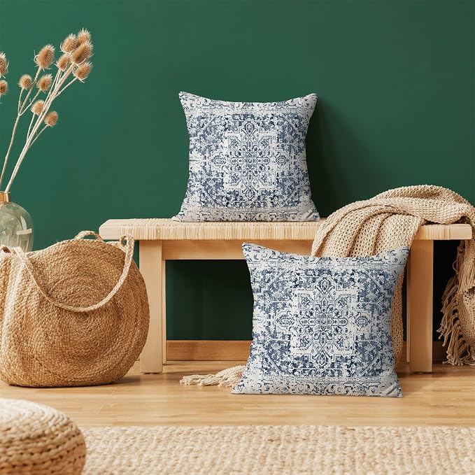 AEIOAE Boho Pillow Covers 20x20 Inch Set of 2,Carpet Pattern Throw Pillows Case,Blue White Ethnic Design Outdoor Decorative Square Linen Farmhouse Decor Cushion Covers for Home Sofa Bed Couch