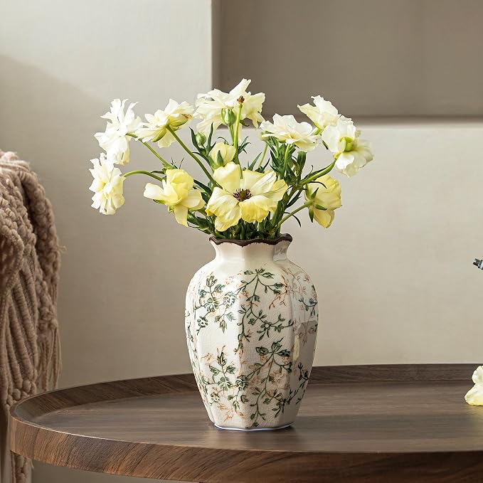 Ceramic Flower Vase for Home Decor, Vintage Green Decorative Vase 6.7 Inch | Rustic Farmhouse Floral Vase for Living Room, Kitchen, Coffee Table, Mantel, Bookshelf, Entryway, Wedding Centerpiece