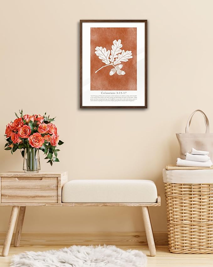 EcoHest 12x16 in Colossians Scripture Fall Botanical Christian Wall Art | Walnut Color Solid Oak Frame， Canvas Wall Art, Burnt Orange Bible Verse Decor for Bedroom, Living Room, Office, Church, 1Pack