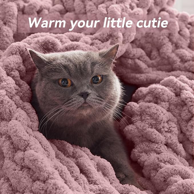Negwoo Chunky Knit Throw Blanket, Knitted Throw Chenille Yarn, 40"*50" | Soft Thick Cable Knitted Blankets, Handmade Big Thick Blanket, Machine Washable Cute Comfy Blanket for Home Decor, Muted pink