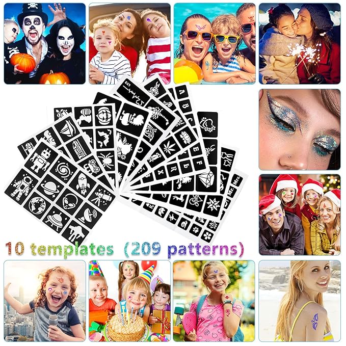 Temporary Glitter Tattoos Kids,32 Glitter Colors and 6 Fluorescent Colors,209 Stencils,2 diamond stickers,3 Glue,5 Brushes,Adults and Kids Arts Glitter Kit,Wonderful Holiday Gifts for Girls & Boys.