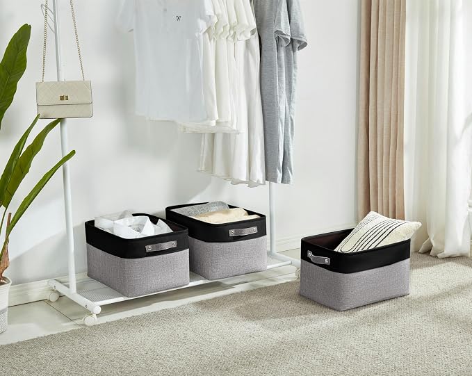 DECOMOMO Storage Bins, Extra Large Fabric Storage Baskets for Shelves 3Pack | 15.8 x 12.5 x 10 inches Decorative Linen Closet Organizers (Grey & Black)
