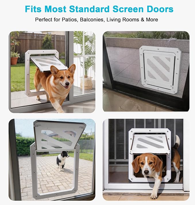 Dog Door for Screen Door, Enhanced Quiet Flap & Sealing Brush, 10.2”x14.3” Opening, Lockable Doggy Screen Door, Magnetic Self-Closing Pet Door-Medium to Large Dogs up to 60 lbs (White)