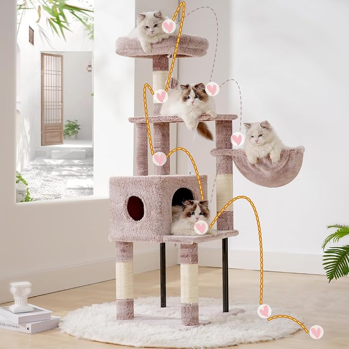 Heybly Cat Tree with Toy, 49.2 inch Cat Tower for Indoor Cats HCT200SMU | Spacious Cat House Condo with Hidden Space，Soft Plush Top Perch，Cozy Hammock and Sisal Scratching Posts, Rosy Brown
