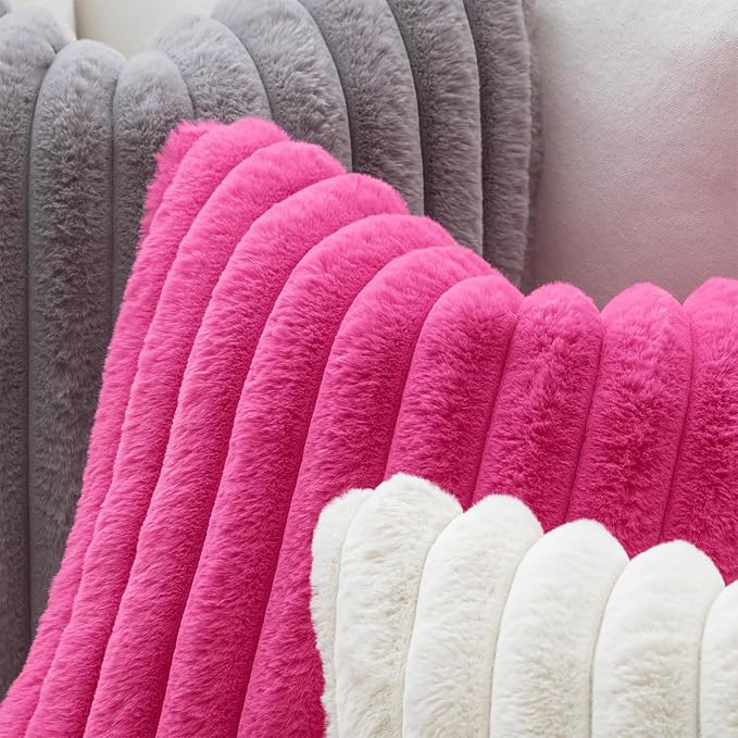 MIULEE Faux Fur Decorative Throw Pillow Covers 20x20 Set of 2 Hot Pink | Retro Vintage Boho Soft Plush Couch Pillows, Cozy Fluffy Cushion Covers for Sofa Bed Living Room Home Decor