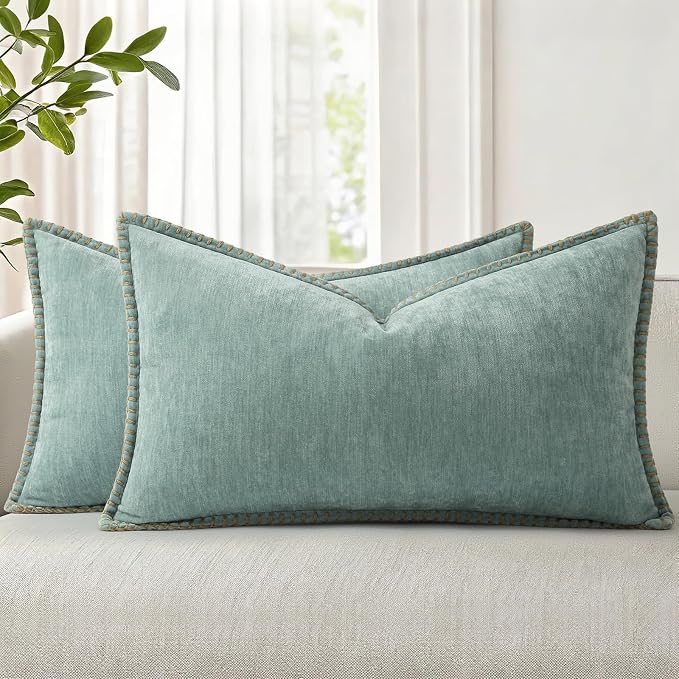 decorUhome Soft Chenille Throw Pillow Covers 12x20 Set of 2 Aqua Haze | Fall Textured Decorative Throw Pillow Cases Stitched Edge Modern Farmhouse Luxury Boho Velvet for Couch Sofa Bed Home Decor