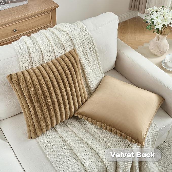 FUTEI Pack of 2 Faux Fur Throw Pillow Covers 18x18 Inch, Camel | Fluffy Faux Rabbit Fur Front/Premium Velvet Back,Hidden Zipper,Machine Washable,Non-Shedding,Colorfast,Insert Not Included.