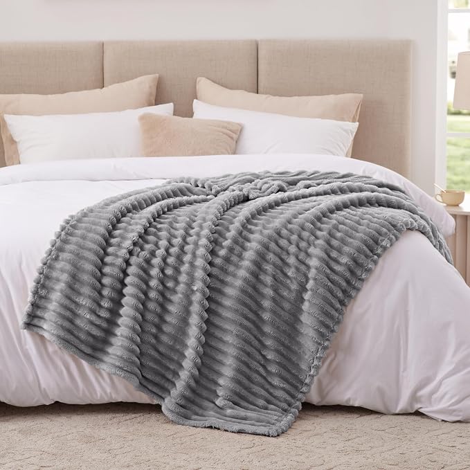 EXQ Home Fleece Throw Blanket for Couch or Bed - 3D Stripe Jacquard Decorative Blankets - Cozy Soft Lightweight Fuzzy Flannel Blanket Suitable for All Seasons(50"×60",Light Grey)
