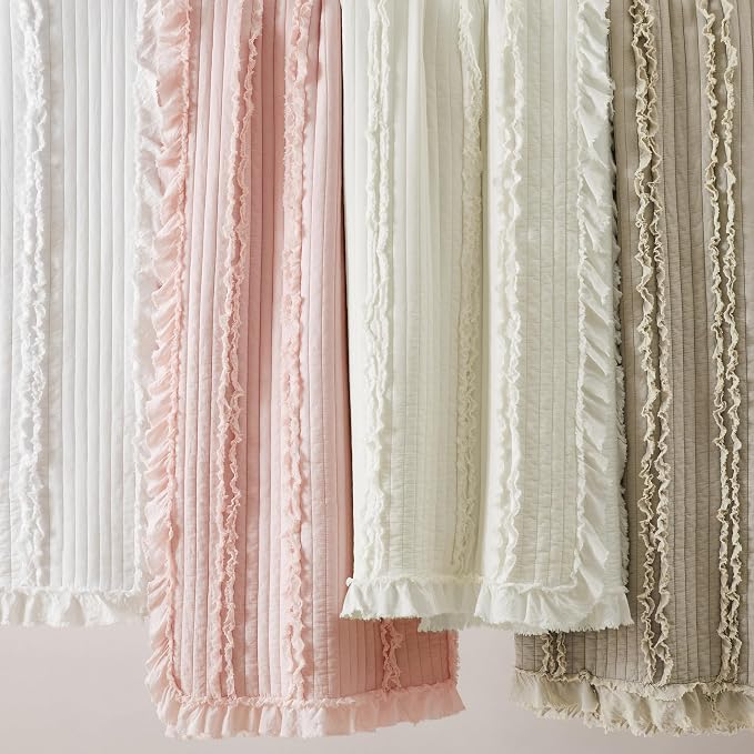 Ultra Soft Ruffle Fringed Quilt King Size,Shabby Chic Rustic Cream White Bedding Set, Stone Washed Boho Decorative Quilt with 2 Pillow Shams for All Season