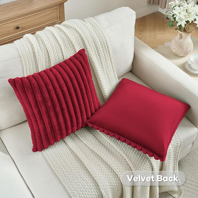 FUTEI Pack of 2 Faux Fur Throw Pillow Covers 28x28 Inch, Retro Red | Fluffy Faux Rabbit Fur Front/Premium Velvet Back,Hidden Zipper,Machine Washable,Non-Shedding,Colorfast,Insert Not Included.