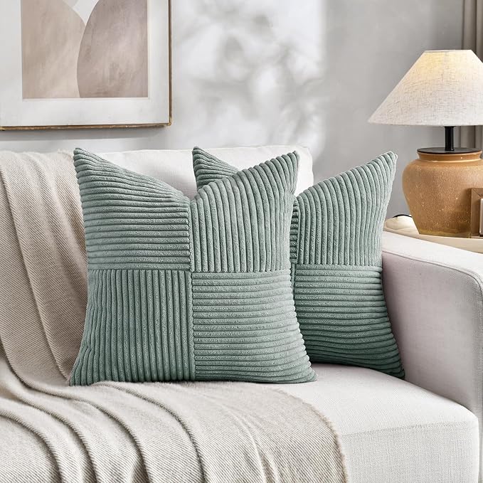 Fancy Homi Grey Blue Euro Decorative Throw Pillow Covers 26x26 Inch for Couch Bed Sofa, Rustic Farmhouse Boho Home Decor, Soft Corss Corduroy Patchwork Textured Square Cushion Case 66x66 cm