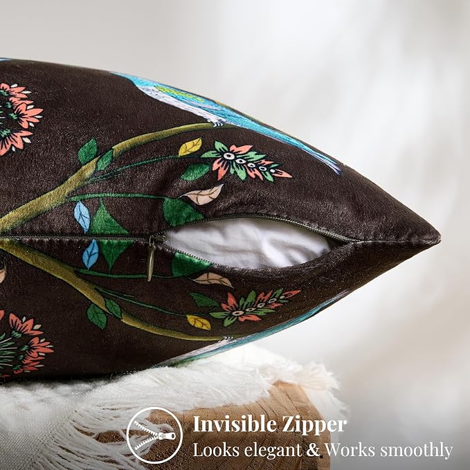 MUSSEL Brown Velvet Floral Decorative 20x20 Pillow Covers Set of 2 | Durable Sturdy,Botanical Printed Pattern,Throw Pillows Case,Square,Colorful Mid Century Cushion Covers,Sofa Couch Decor