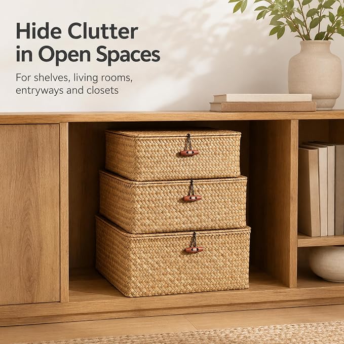 Square Handwoven Seagrass Wicker Storage Baskets with Lids, Set of 3 | Attached lids and internal iron frames help each basket hold its shape; compatible with IKEA KALLAX cube shelving.