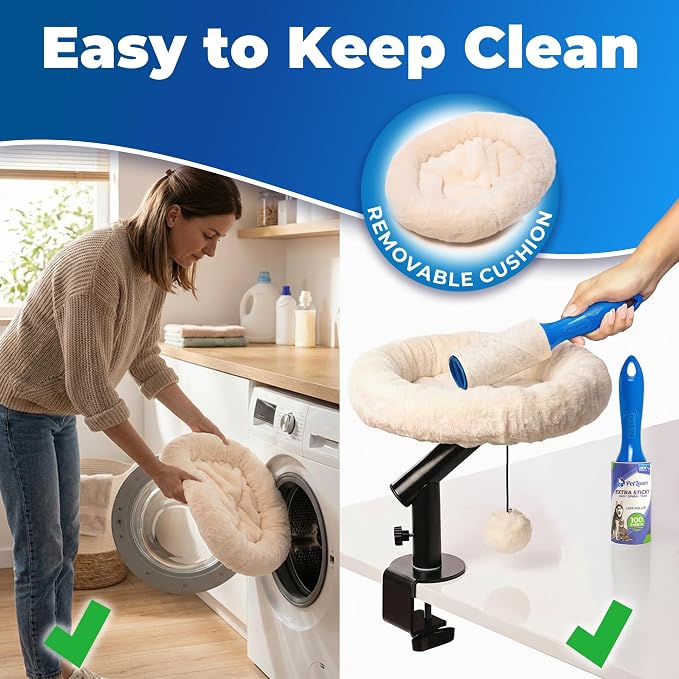 PetLovers Cat Desk Bed - Plush Elevated Desk Bed Attachment with Removable Washable Cushion, 360° Swivel Arm, Secure Clamp - Keeps Your Pet Close While You Work or Play
