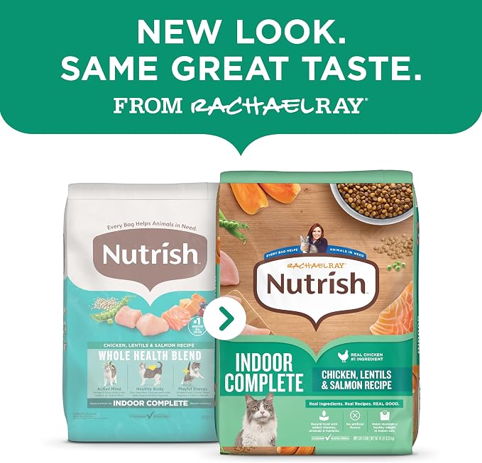 Nutrish Indoor Complete Dry Cat Food, 3 lb. Bag (Rachael Ray) | Chicken, Lentils & Salmon Recipe, Crafted for Adult Indoor Cats, Veterinarian Reviewed Formula