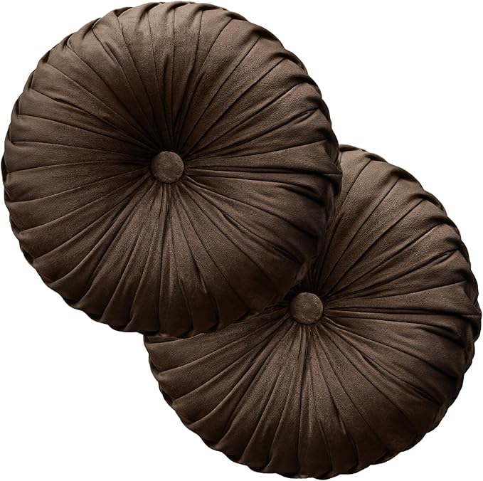 Teieas 2 Pcs Round Throw Pillows Decorative Velvet Pleated Bed Pillows | Brown floor pillow,back support for couch,chair,dorm,car,sofa,home decor 14.96 in