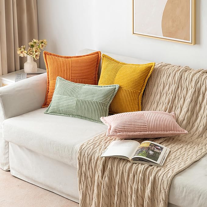 MIULEE Fall Burnt Decorative Lumbar Throw Pillow Covers 12x20 Inch | 2 Pack, Boho Broadside Striped Patchwork Pillow Covers, Soft Corduroy Cushion Cases, For Couch Sofa Bed Livingroom Home Decor