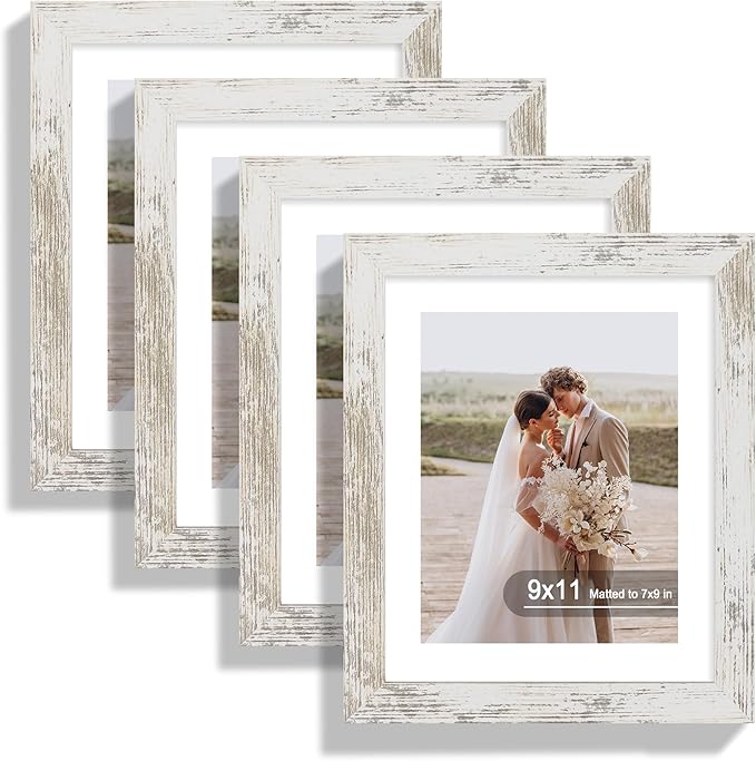 Hongkee 9x11 Picture Frame Set of 4, Made of Real Glass and Distressed White Frame - Display Picture 7x9 with Mat or 9x11 Without Mat, 9 by 11 Photo for Wall or Tabletop