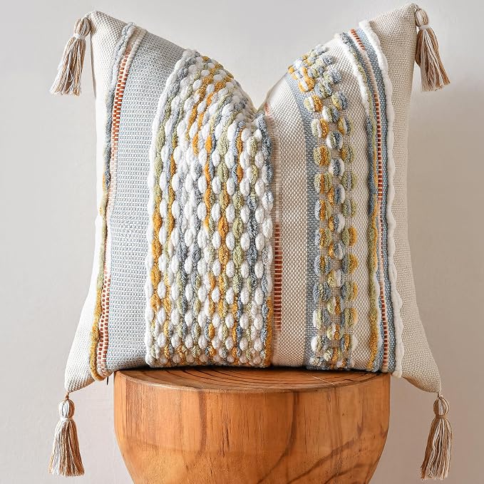 Chenille Striped Textured Boho Throw Pillow Covers Aesthetic with Tassels Woven Decorative Pillow Case for Couch Bed Sofa Bedroom Modern Funky 18 x 18-Inch Grey