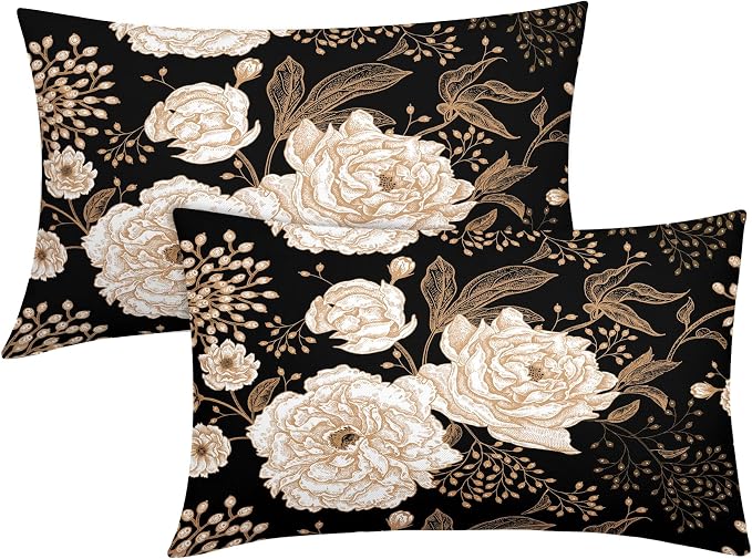 Vintage Peony Roses Floral Plant Lumbar Pillow Covers 12X20 Inch Set of 2 Chinoiserie White Flower Leaves Decorative Pillow Cases Black Gold Cushion Case Vintage Home Decor For Sofa Couch Outdoor
