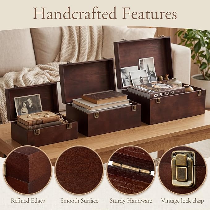 Sliner 3 Pcs Wooden Decorative Storage Boxes with Lids Vintage Wood Organizer Bins for Your Bookshelf Home Decor Safely Store Photos Documents Memory Jewelry Craft Storage (Dark Brown,S M L Size)
