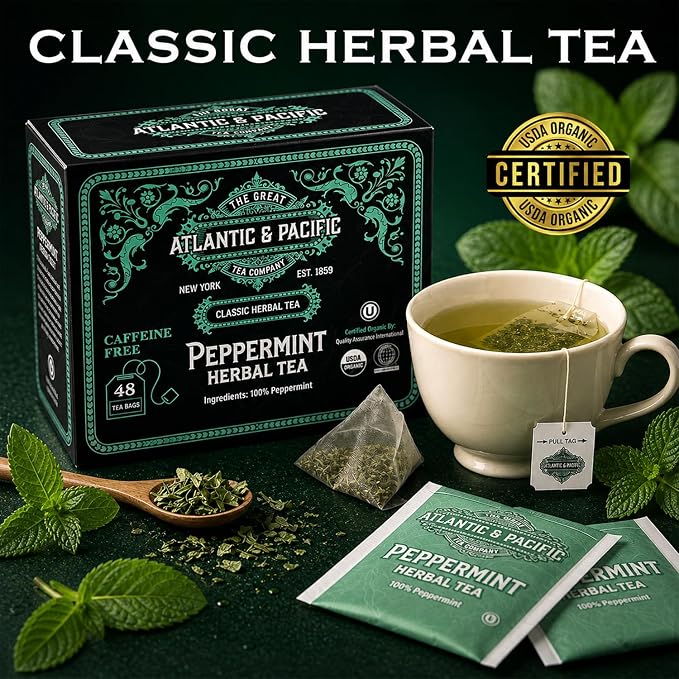 A&P Coffee Peppermint Tea Bags, 48 Count, Refreshing Mint Herbal Tea, Naturally Caffeine Free, Hot or Iced Tea, Premium Organic Tea Bags, Fresh Aroma, Smooth Taste