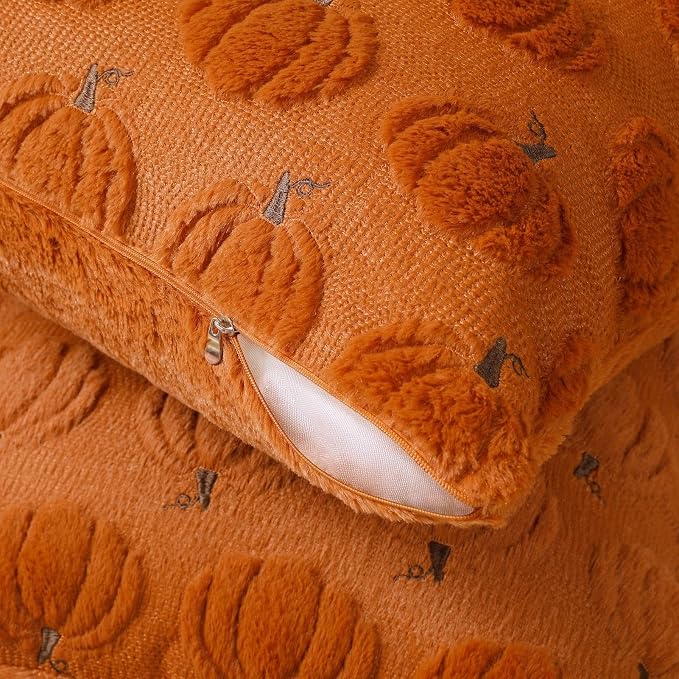 Fall Throw Pillow Covers 16x16 Set of 2 Double-Sided Pumpkin Covers | Rust orange plush comfort with raised pumpkin embroidery, designed for living rooms, bedrooms, and cozy fall home decor.