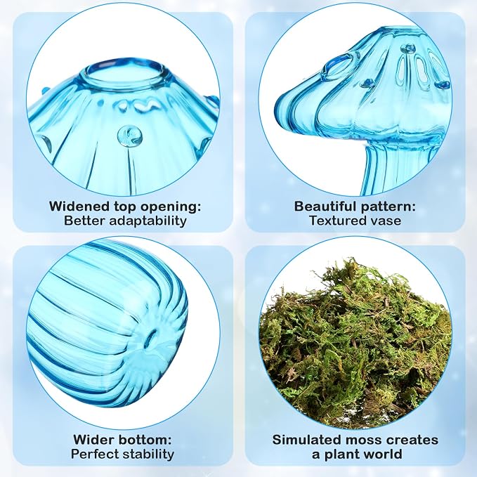 7 Pcs Glass Mushroom Vase Propagation Station with Hydroponic Plant and Artificial Fake Moss 6 Colored Plant Vase Table Centerpiece Decor for Forest Birthday Wedding Party Decoration (Blue)