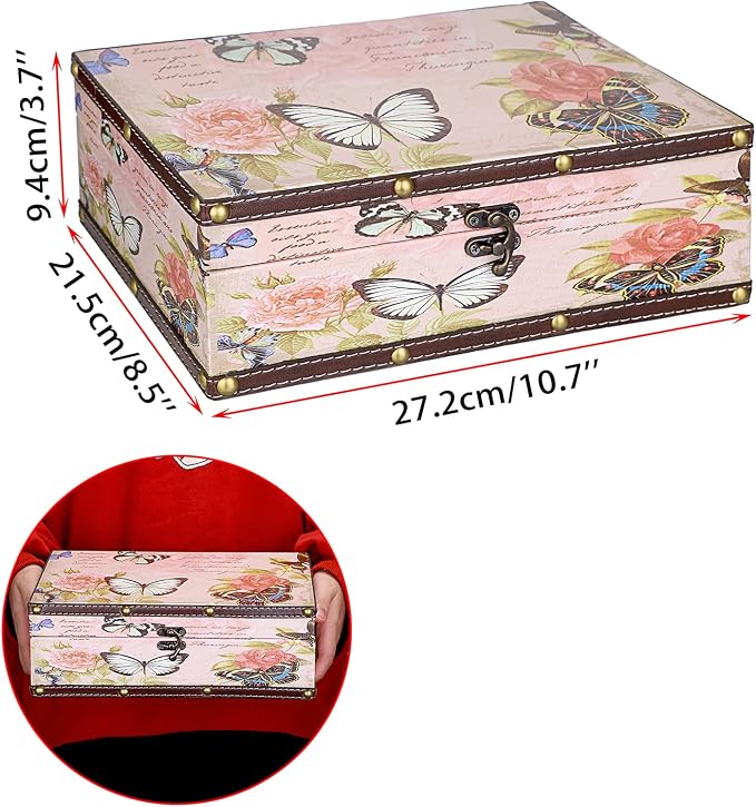 ELLDOO Butterfly Treasure Chest Box, Vintage Wooden Decorative Box | Treasure Storage for Jewelry Trinkets Photos, Rectangular Keepsakes box for Girls Women Gifts