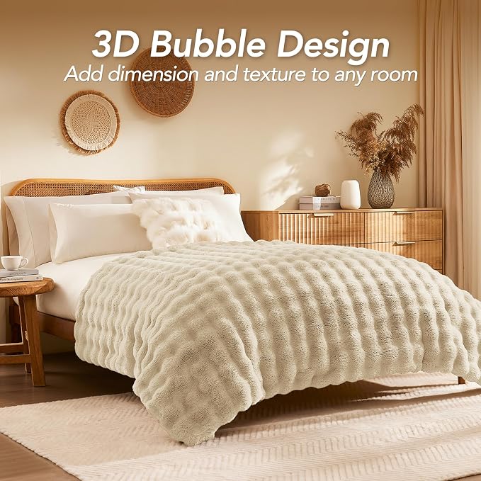 L'AGRATY Faux Rabbit Fur Throw Blanket for Couch, 50'' x 60'' Almond White | Soft Cozy Bubble Fluffy Blanket for Sofa Bed, Thick Warm Plush Fuzzy Throw for Room Home Decor, Luxury Gift for Women Mom