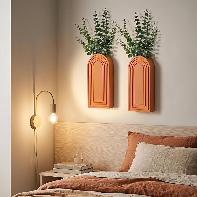 Dnnnii 2 Pack Wooden Wall Vase Set - Orange Finish Modern Farmhouse & Boho Wall Decor for Entryway, Hallway, Bathroom, Living Room, Dining Room, Narrow Spaces