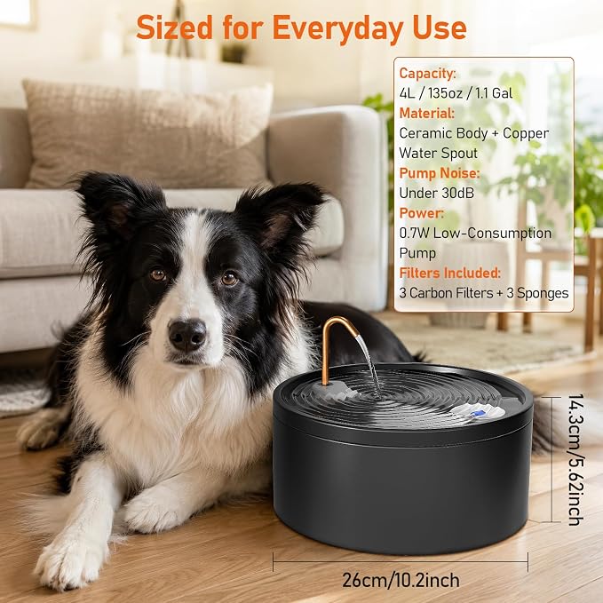 MISFANS Ceramic Dog Water Fountain, All-Ceramic Body, Pure Copper Spout | 4L/135oz Capacity, Under 20dB Pump, Dual Filtration, 3 Filters and 3 Sponges, Two Flow Modes, Small and Medium Dogs, Black