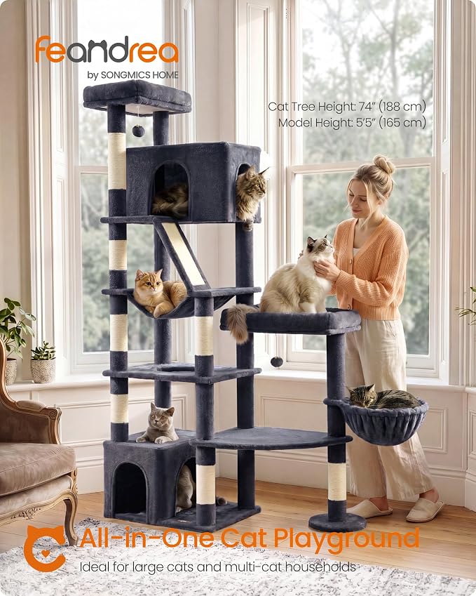 Feandrea 74.1-Inch Cat Tree Tower for Indoor Extra Large Cats, with Scratching Posts, Scratching Board, Multi-Level Design, Dark Gray UPCT016G201S