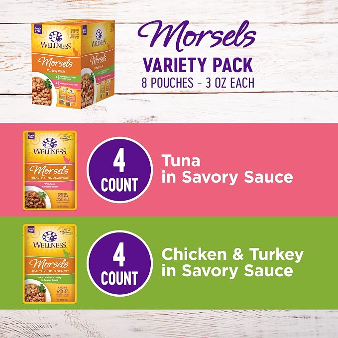 Wellness Healthy Indulgence Morsels Variety Pack Adult Wet Cat Food, Natural, Protein Rich, Grain Free, 2 Flavors, 3 oz, Pack of 8 Pouches