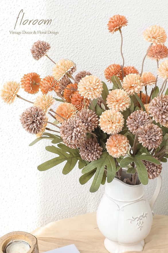 9pcs Burnt Orange Taupe Mix Faux Silk Mums Artificial Flowers, Bulk Fake Small Mini Chrysanthemums with Stems for DIY Wedding Centerpieces Floral Arrangements Vase Fillers Home Decorations