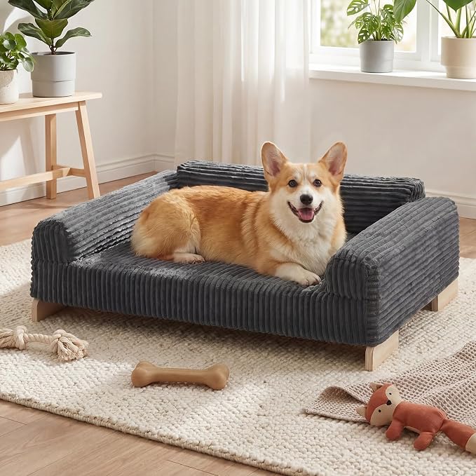Veehoo Elevated Dog Bed Indoor, Wood Furniture Style Dog Couch Sofa | Small medium dogs sofa, sturdy wood frame, washable cover, easy assembly, supportive foam