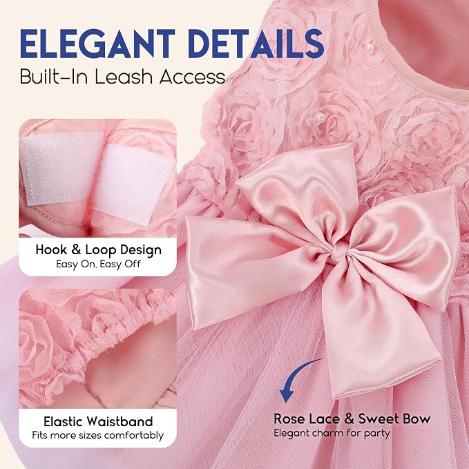 ASENKU Dog Dress Pet Wedding Dress Lace Puppy Birthday Party Outfit,Pink S | Dog Flower Girl Dress With Leash Hole, Princess Puppy Dress For Weddings, Daily Wear, Fits Small Medium Large Dogs Cats