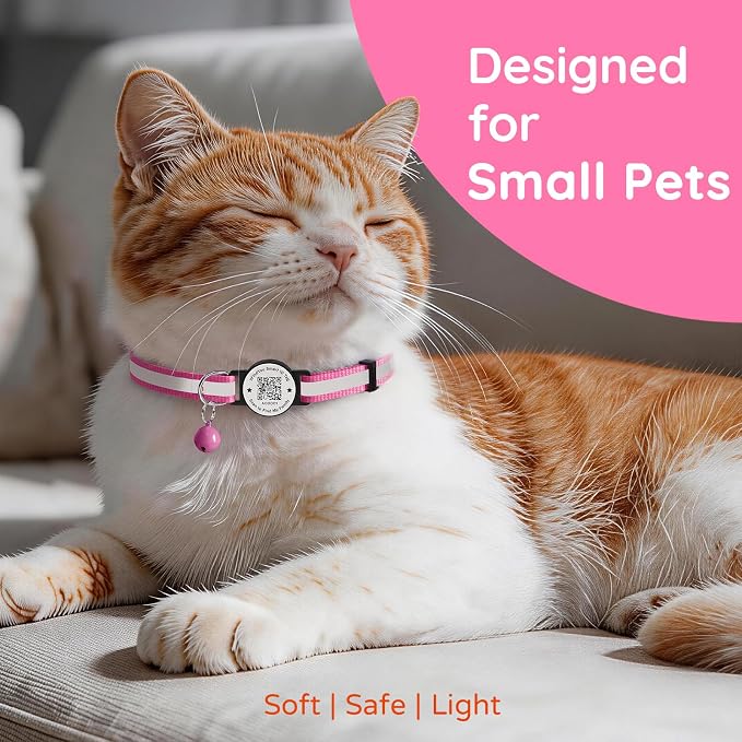 Breakaway Cat Collar QR Code, Reflective Bell, Adjustable Kitten, Rose Red