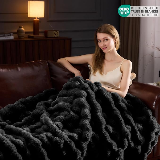 Faux Fur Throw Blanket for Couch, Fluffy Fuzzy Plush Bubble Blanket, Soft Warm Cozy Shaggy Rabbit Blanket, Luxury Decorative Gifts for Sofa Bedroom Living Room, 60x50inch (Black)