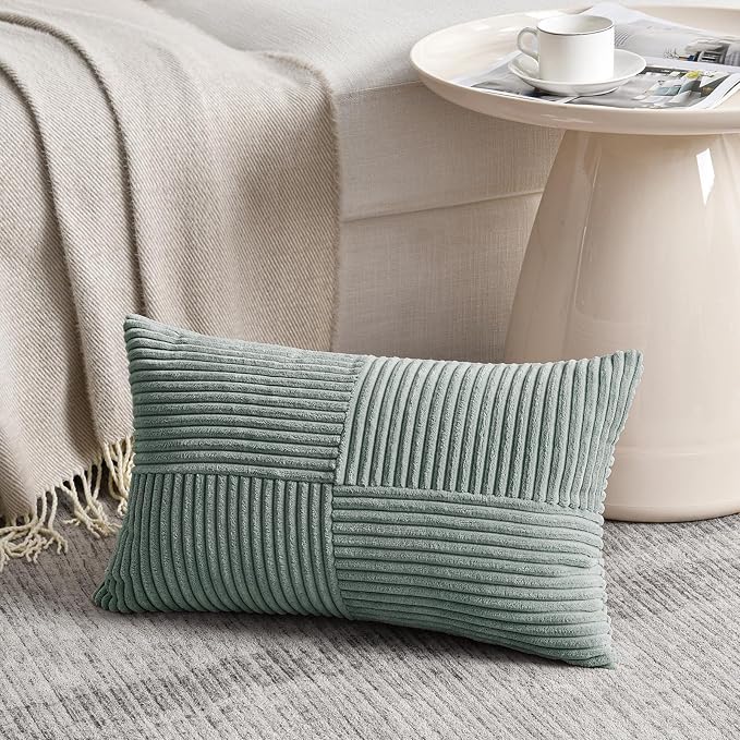 Fancy Homi Grey Blue Lumbar Decorative Throw Pillow Covers 16x24 Inch for Couch Bed Sofa, Rustic Farmhouse Boho Home Decor, Soft Striped Corduroy Rectangle Accent Cushion Case 40x60 cm