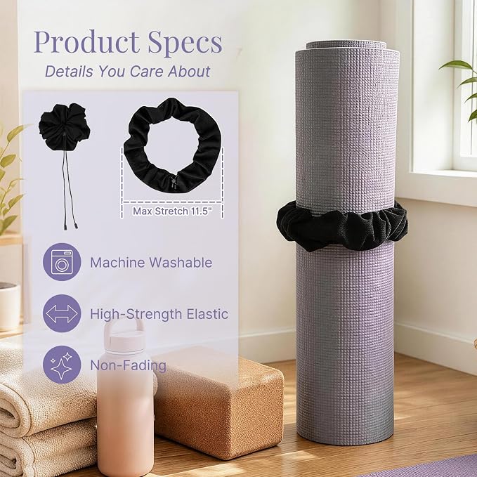 Aolamegs Adjustable Yoga Mat Scrunchie, 2-in-1 Mat Strap and Hair Tie, Fits All Standard & Extra Thick Yoga Mats