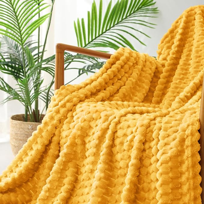 Exclusivo Mezcla Large 3D Fleece Throw Blanket for Couch, Mustard Yellow | Extra Soft Fuzzy Plush Lightweight Throws, Cozy Fluffy Decorative Blankets for All Seasons, 50x70 Inches